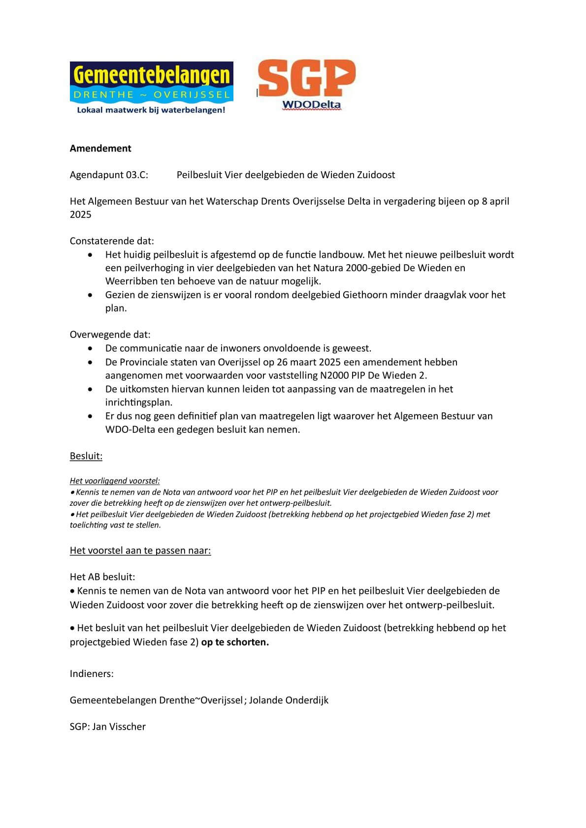 Amendement Peilbesluit Vier deelgebieden